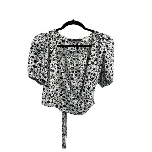 Zara Tops - Zara Floral Print Wrap Top Black/White/Red Small